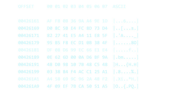 Hacker screen overlay, hex memory dump in cyan blue monospace text, computer console interface on transparent background