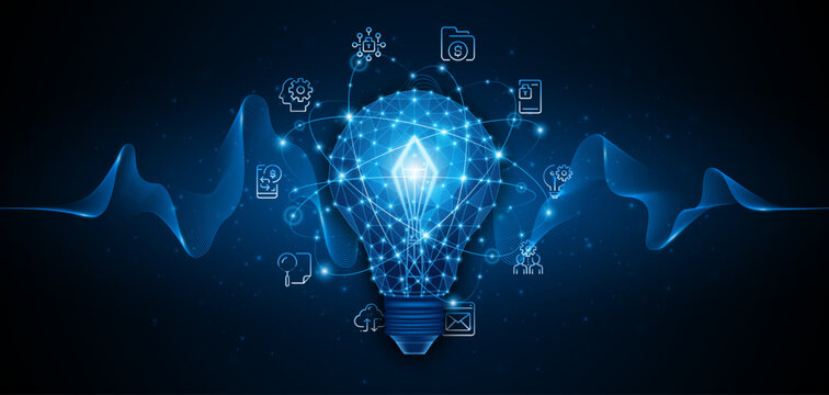 An innovative and creative light bulb concept incorporating advanced smart digital technology. A futuristic light bulb with integrated circuits and data connectivity for business applications.