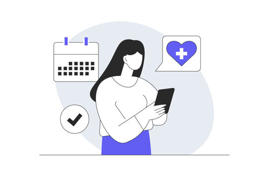 Online Medical Consultation Healthcare and Schedule Appointment. Female Specialist Using Smartphone with Calendar Planner and Heart Medical Icon. Flat Cartoon Vector Illustration icon Stylish abstract