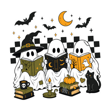 Three Ghosts Reading Books in Halloween Night Illustration