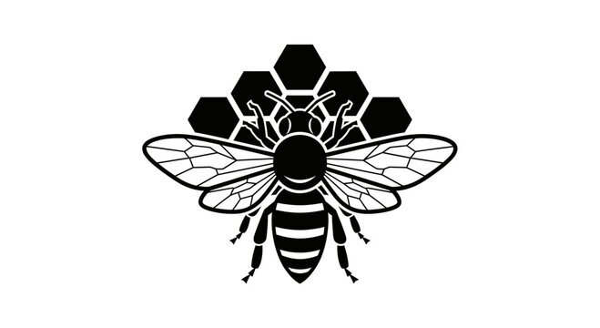 Black and White Honey Bee and Hexagon Honeycomb Graphic Design