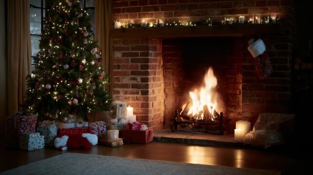 Cozy Christmas Evening With Glowing Fireplace and Decorated Tree