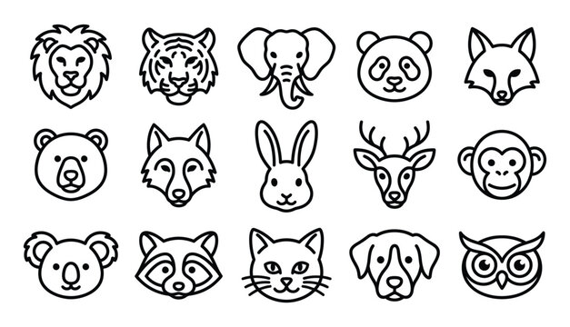 A collection of animal head icons designed by a professional vector illustrator featuring various wild and domestic species
