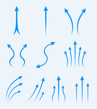 上方への上昇気流や風の流れを示す青い矢印とモーションラインのイラスト素材セット Set of blue arrows and motion lines showing upward airflow and wind current