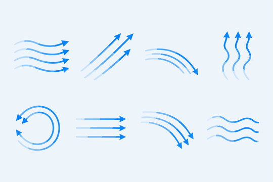 青い風と気流の流れを示す矢印とモーションラインのイラスト素材セット Set of blue wind and airflow motion line icons and arrows