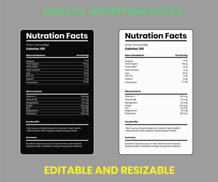 Editable Health Nutrition Facts Label Template for Food Product Packaging 