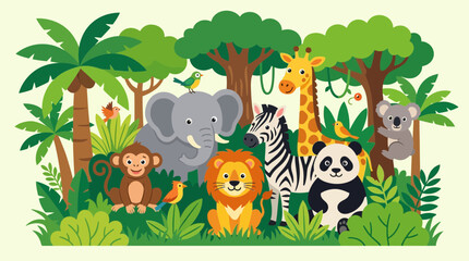 Naklejka premium Animals gather together in a lush green jungle surrounded by tropical trees and vibrant foliage.