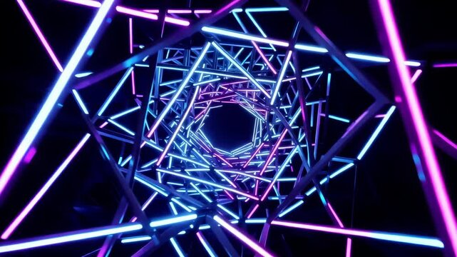 Colorful neon light installation with interconnected geometric shapes creating a mesmerizing tunnel effect, showcasing vibrant blue and pink hues in a dark environment