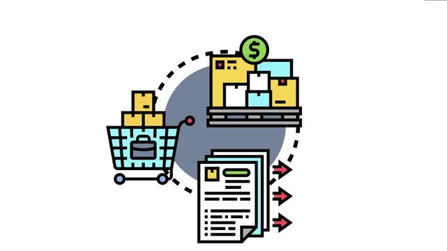 Asset procurement involves acquiring company resources, managing inventory on shelves, purchasing products in a shopping cart, and processing essential financial documents for business operations