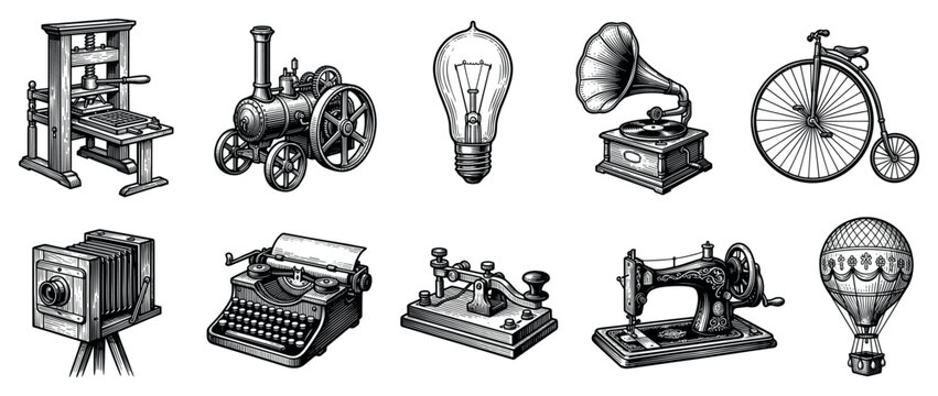 Vintage inventions icons set. Historical technology and innovation concept. Includes printing press, steam engine, light bulb, gramophone, penny-farthing, camera, typewriter, telegraph,