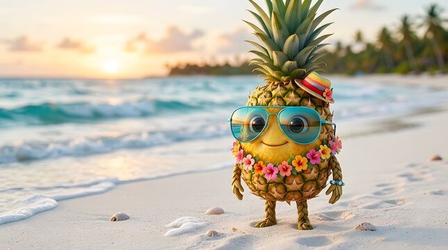 A playful anthropomorphic pineapple wearing sunglasses and a flower lei relaxes on a tropical beach.