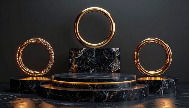 Luxury black marble podium with large glowing gold rings product display 3D render circle