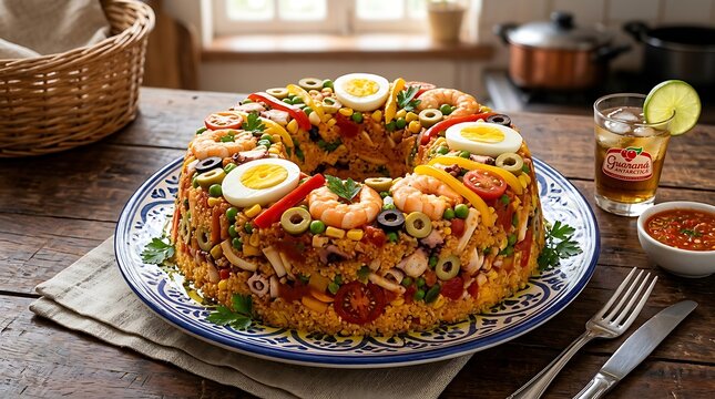 Brazilian cuscuz paulista is presented on a colorful ceramic plate.