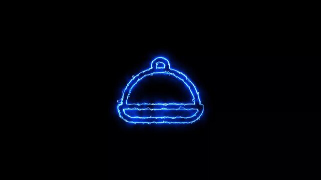 futuristic blue neon cloche food cover animation glowing holographic restaurant serving dome icon on black background loop motion graphic for food and dining