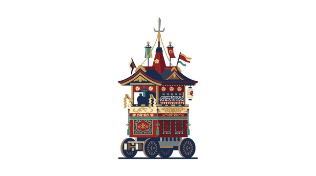 Ornate Japanese festival float with red flags.