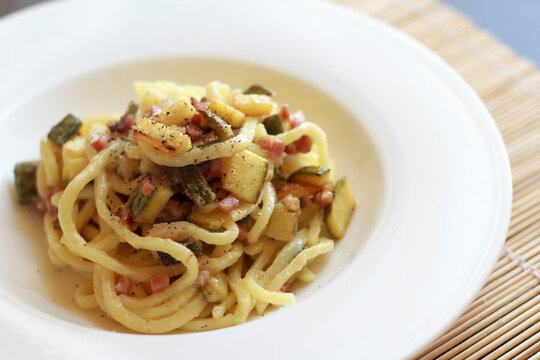 Troccoli Pasta With Speck And Zucchini