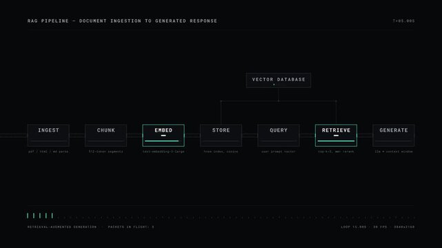 A horizontal data pipeline illustrates the stages from document ingestion to generated response, showcasing nodes and data packet traversal in a seamless animation.