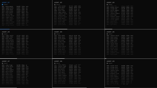 Dynamic multi-agent execution within a split-cell grid, showcasing independent agent viewports and asynchronous activity across a structured layout. professional stock footage for technology,.