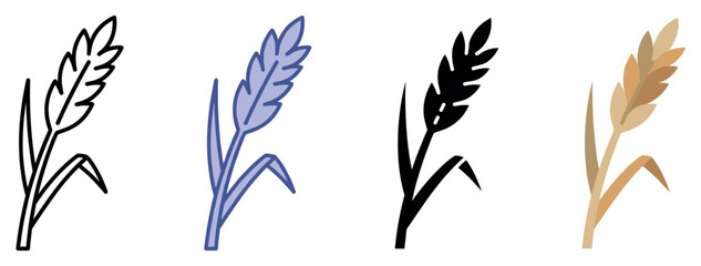 Obraz premium Wheat icons set. Agriculture and harvest concept. Includes wheat stalk, grain, ear, plant, cereal, crop, barley. Flat, line, and solid style