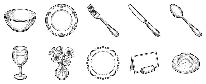 Table setting icons set. Dinnerware and dining accessories concept. Includes bowl, plate, fork, knife, spoon, wine glass, flower vase, coaster, place card, bread roll. Engraving style