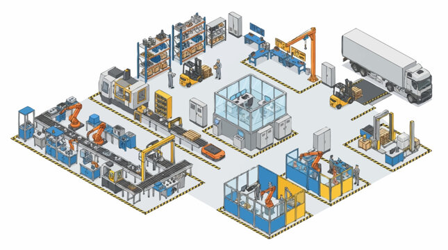 Isometric illustration of a modern automated factory with production lines and logistics.
