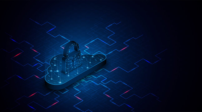 The padlock is located on the cloud. Cloud data storage technology is protected. The concept of cloud computing and large data center security technology.