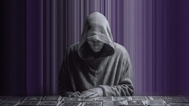 Man in a hooded sweatshirt sitting at a table with playing cards