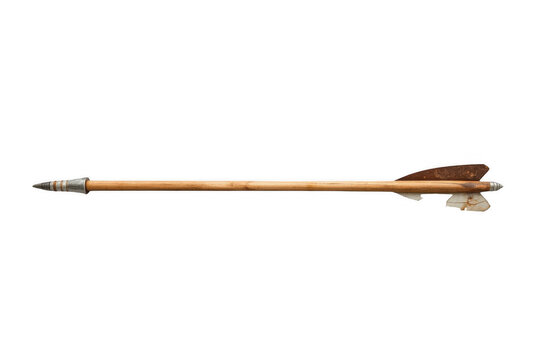 Vintage archery arrow with metal arrowhead and fletching on transparent background