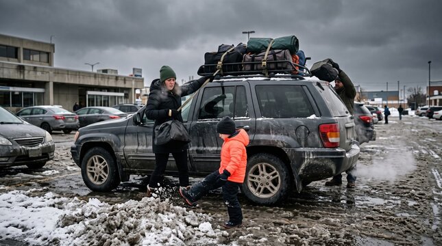 A family packs bags and gear onto their car roof rack in a snowy parking lot, getting ready for a winter road trip.
