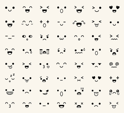 様々な表情をしたかわいいカオモジ・絵文字風の顔のアイコンコレクション Collection of cute kawaii emoticon face icons with various expressions
