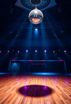 Nightclub party atmosphere with disco ball and stage lighting, empty dance floor ready for celebration and entertainment