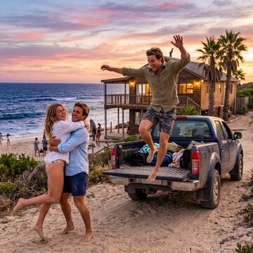 Couple of friends hugs joyfully on the beach at sunset while a friend leaps out of a pickup truck loaded with luggage nearby.
