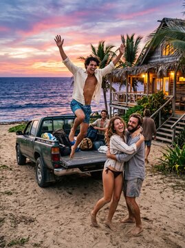 Couple of friends hugs joyfully on the beach at sunset while a friend leaps out of a pickup truck loaded with luggage nearby.