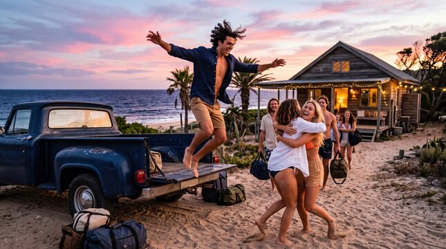Couple of friends hugs joyfully on the beach at sunset while a friend leaps out of a pickup truck loaded with luggage nearby.