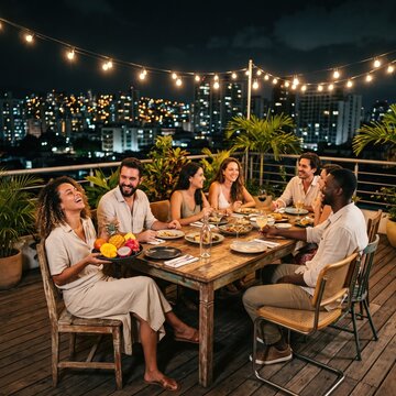 Group of diverse friends laugh and share food at a rooftop dinner party under string lights with a city skyline behind.