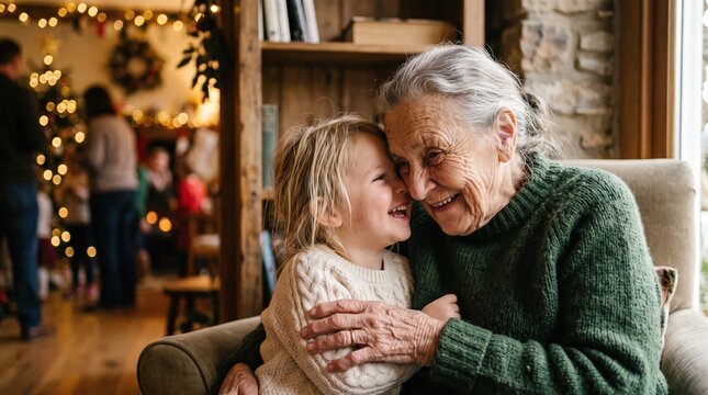 Grandmother and granddaughter share a joyful moment cheek to cheek, laughing together during a cozy Christmas gathering.