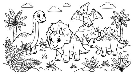Fototapeta premium Group of cute dinosaurs in prehistoric jungle landscape for young children coloring page activity book.