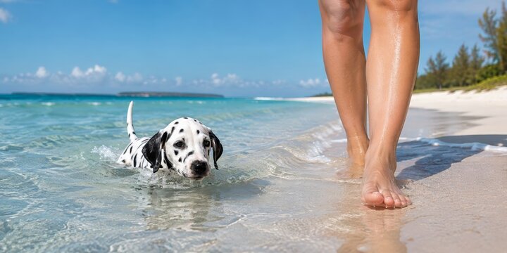 Dalmatian dog swimming beside a barefoot woman walking along a tropical beach shoreline, playful spotted puppy splashing through clear shallow sea water during a sunny pet friendly summer vacation