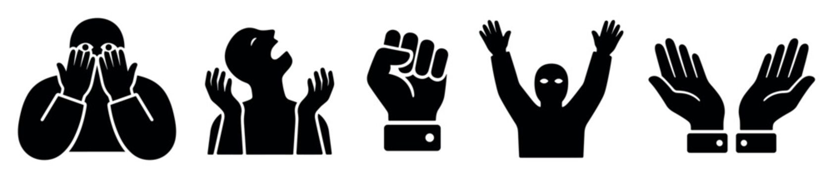 Human emotion icons set. Expressions of fear, anger, and surrender concept. Includes person covering face, screaming, raised fist, arms up, open hands. Solid black silhouette style