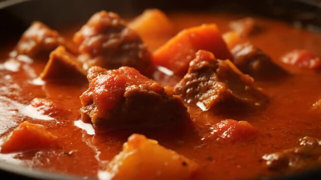 Appetizing macro close-up of traditional hearty beef goulash stew with chunks of meat and vegetables simmering in a rich, vibrant red tomato sauce