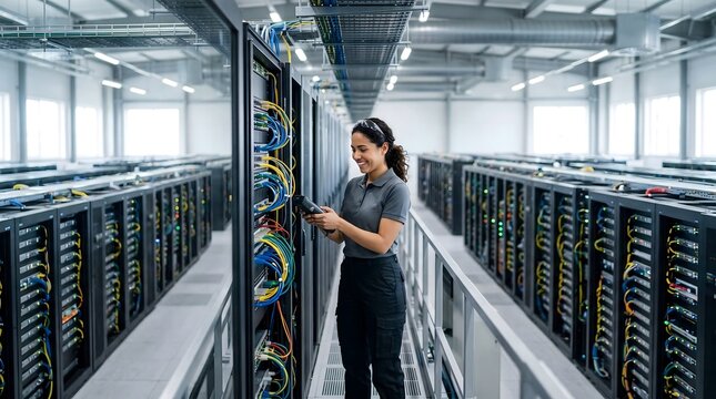 Smiling Female IT Technician Working in Large Server Room Facility