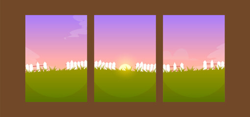 Naklejka premium Abstract field poster with green grass, hills and wooden fence under blue sky. Watercolor meadow with sun rays, forest silhouette and natural outdoor view for vintage banner design.
