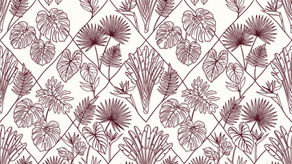 Fototapeta premium Seamless Tropical Botanical Pattern with Exotic Leaves and Flowers in Maroon Line Art Style. Flat vector illustration EPS 10.
