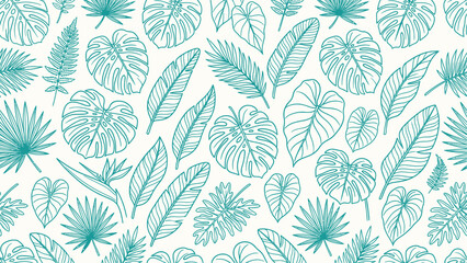 Fototapeta premium Tropical leaves seamless pattern background. Exotic jungle foliage design with monstera, palm, and fern leaves for fabric, wallpaper, and textile prints. Flat vector illustration EPS 10.