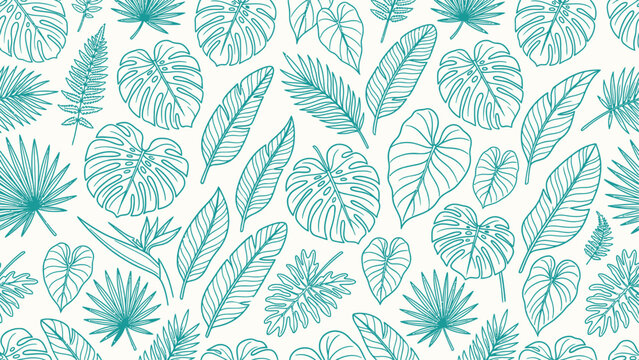 Tropical leaves seamless pattern background. Exotic jungle foliage design with monstera, palm, and fern leaves for fabric, wallpaper, and textile prints. Flat vector illustration EPS 10.