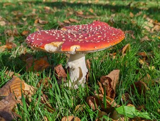 Vibrant red fly agaric mushroom resting on lush green grass © Aoun