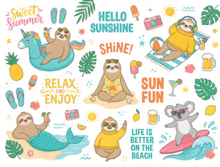 Naklejka premium Cute Summer Sloth Beach Illustration Set with Tropical Animals, Sunshine, Surfboards, Cocktails, Ice Cream and Vacation Elements