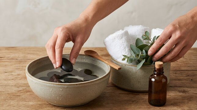 Person Preparing Hot Stone Massage Therapy Spa Treatment.