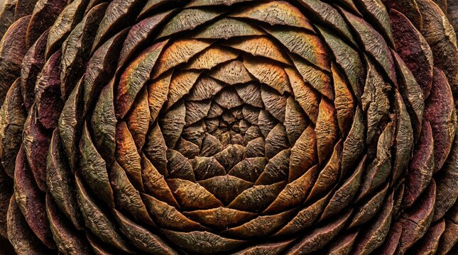 Dried tropical seed pod macro texture with intricate organic spiral pattern and scales.