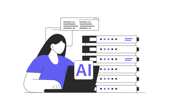 AI Server Infrastructure and Data Engineering with AI Systems. Female Specialist Working on Laptop near Data Center Server Rack and AI Badge. Flat Cartoon Vector Illustration, icon Stylish abstract 
